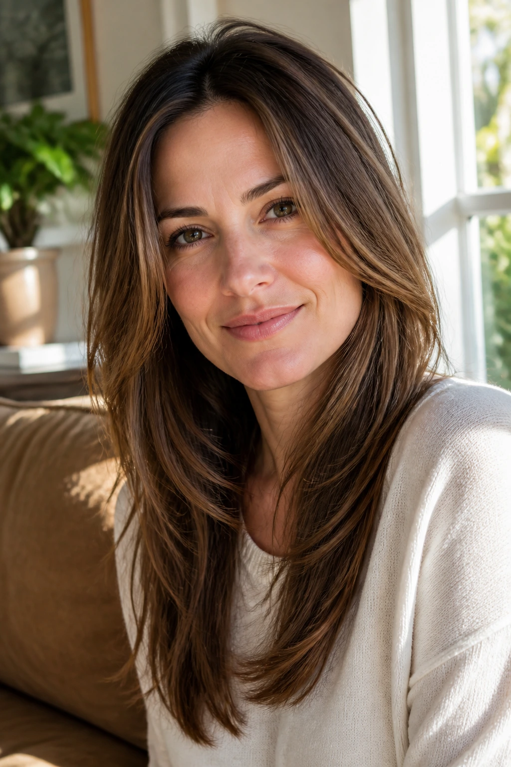 Close-up of long-layered hair starting below the cheekbones on a real woman.