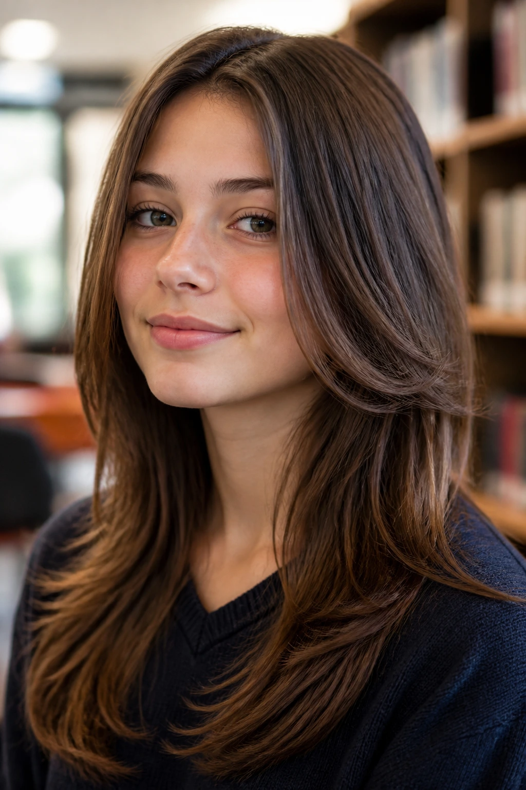Student with long layers starting below the chin in a school setting