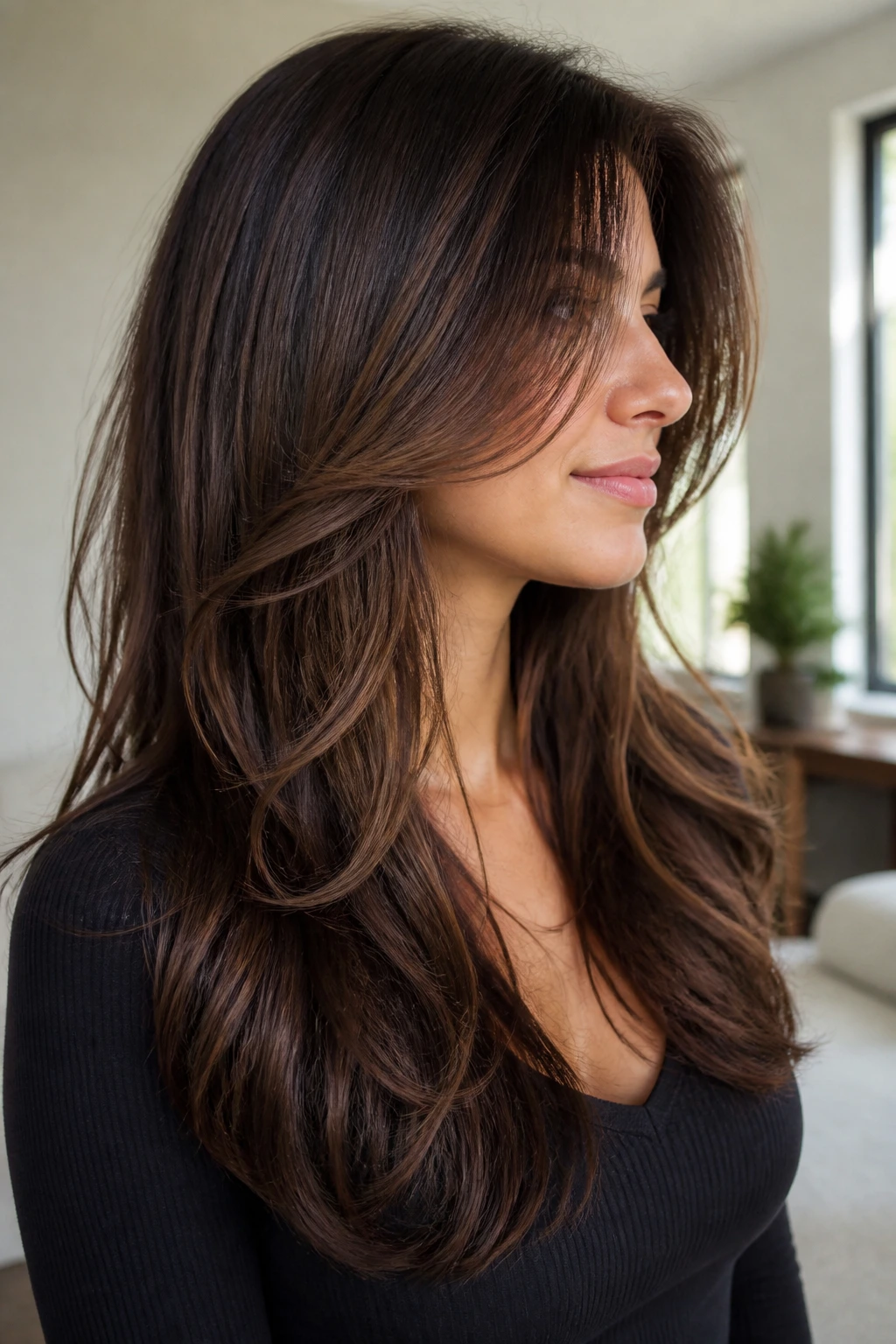 Portrait of a real woman with long layers starting below the chin