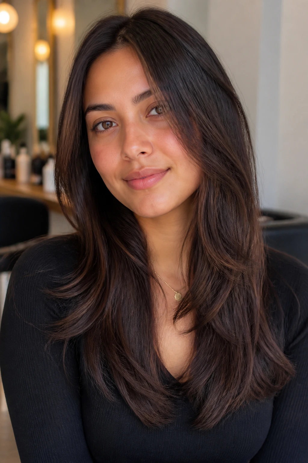 Portrait of a person with long layered hair starting below the chin