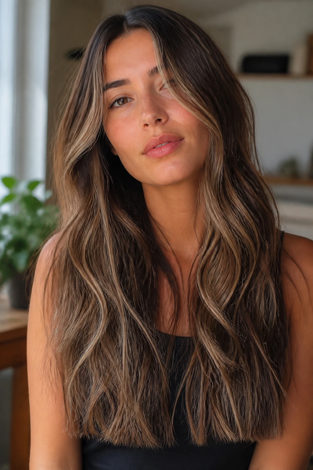 Close-up of a real woman with long wavy hair showing a blunt baseline