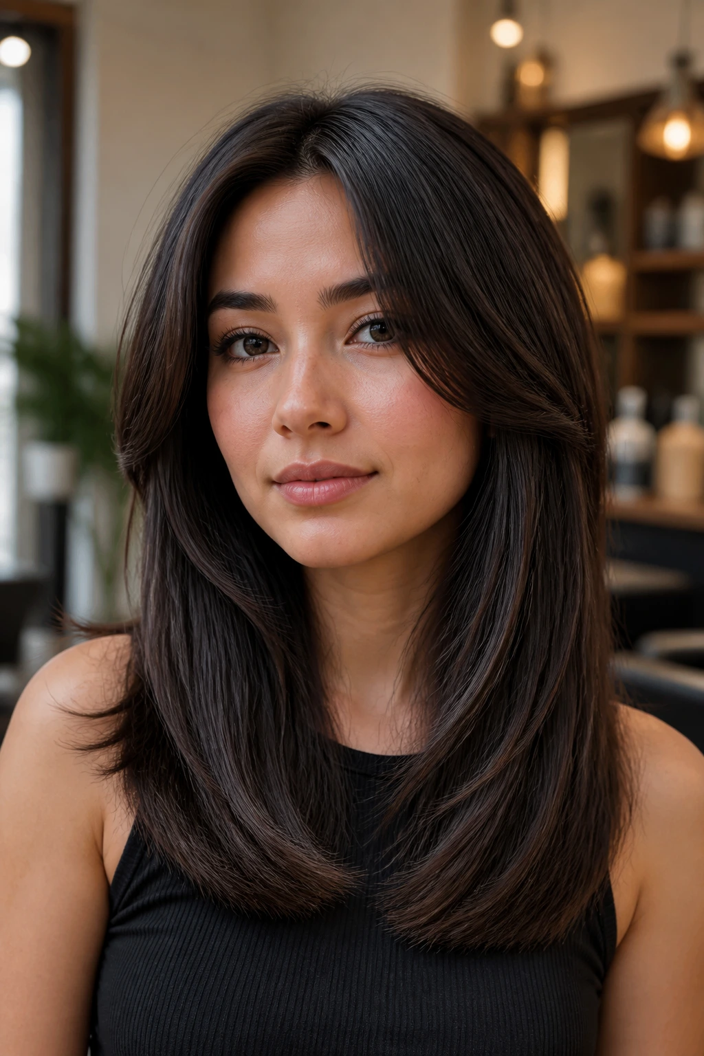 Portrait of a real person with long layers and a blunt bottom line in a calm salon setting