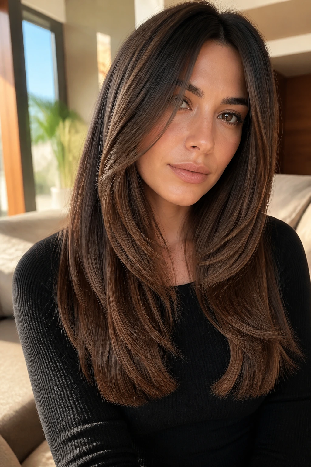 Close-up of a real woman with long layered hair and cocoa lowlights