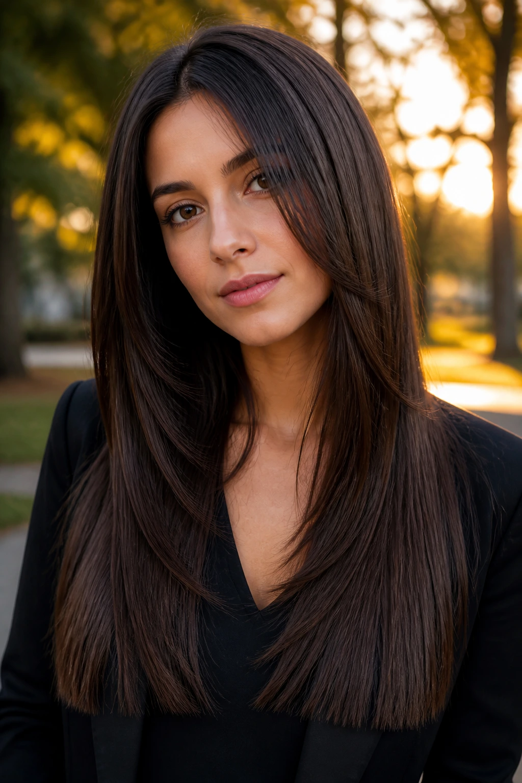 Portrait of a woman with long layers and a blunt hem hairstyle