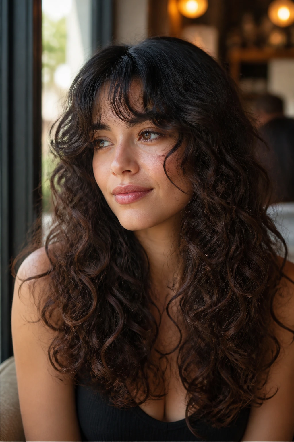 Woman with long layers and bottleneck bangs