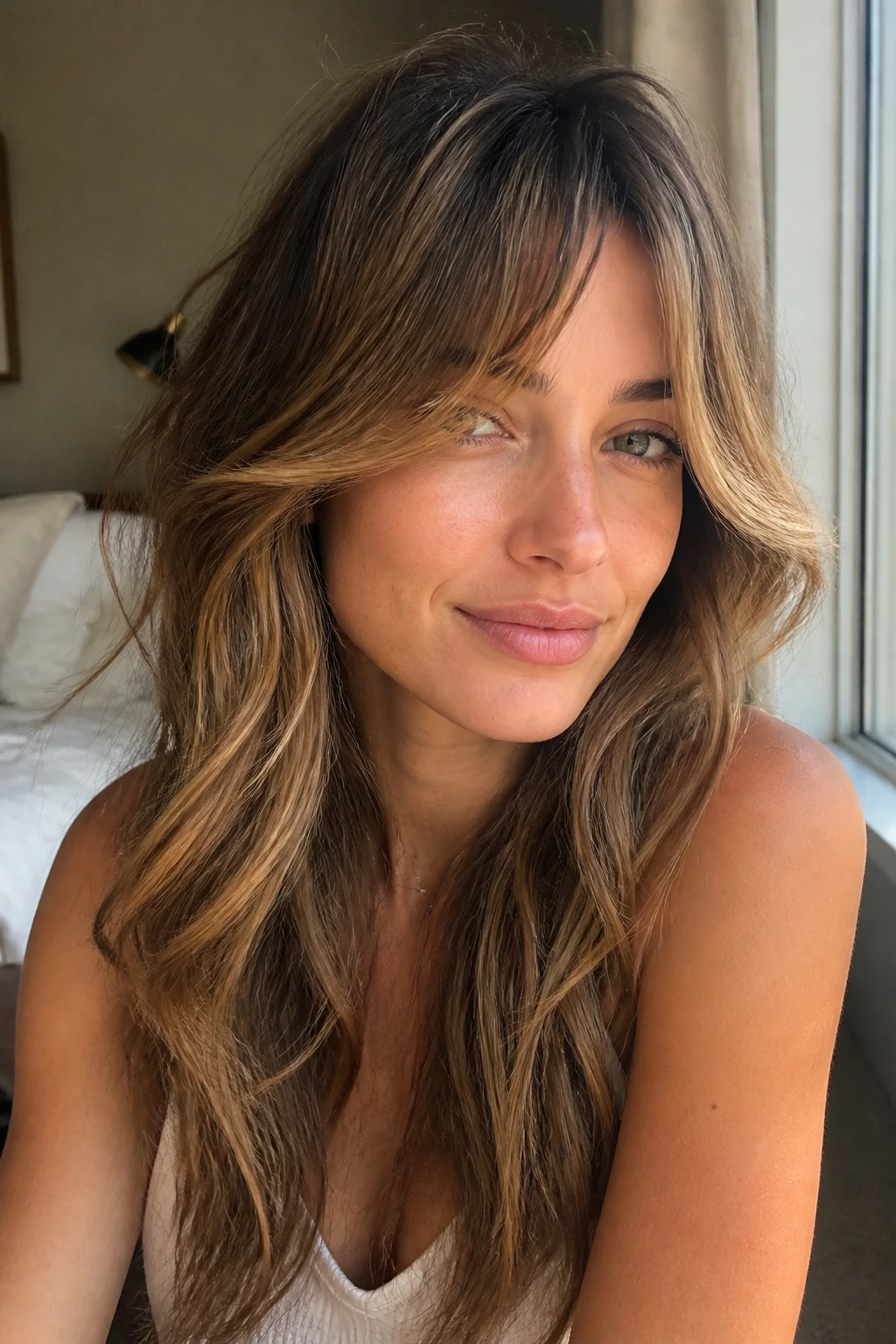 Close-up of a woman with long layered wavy hair and bottleneck bangs with soft highlights by window light