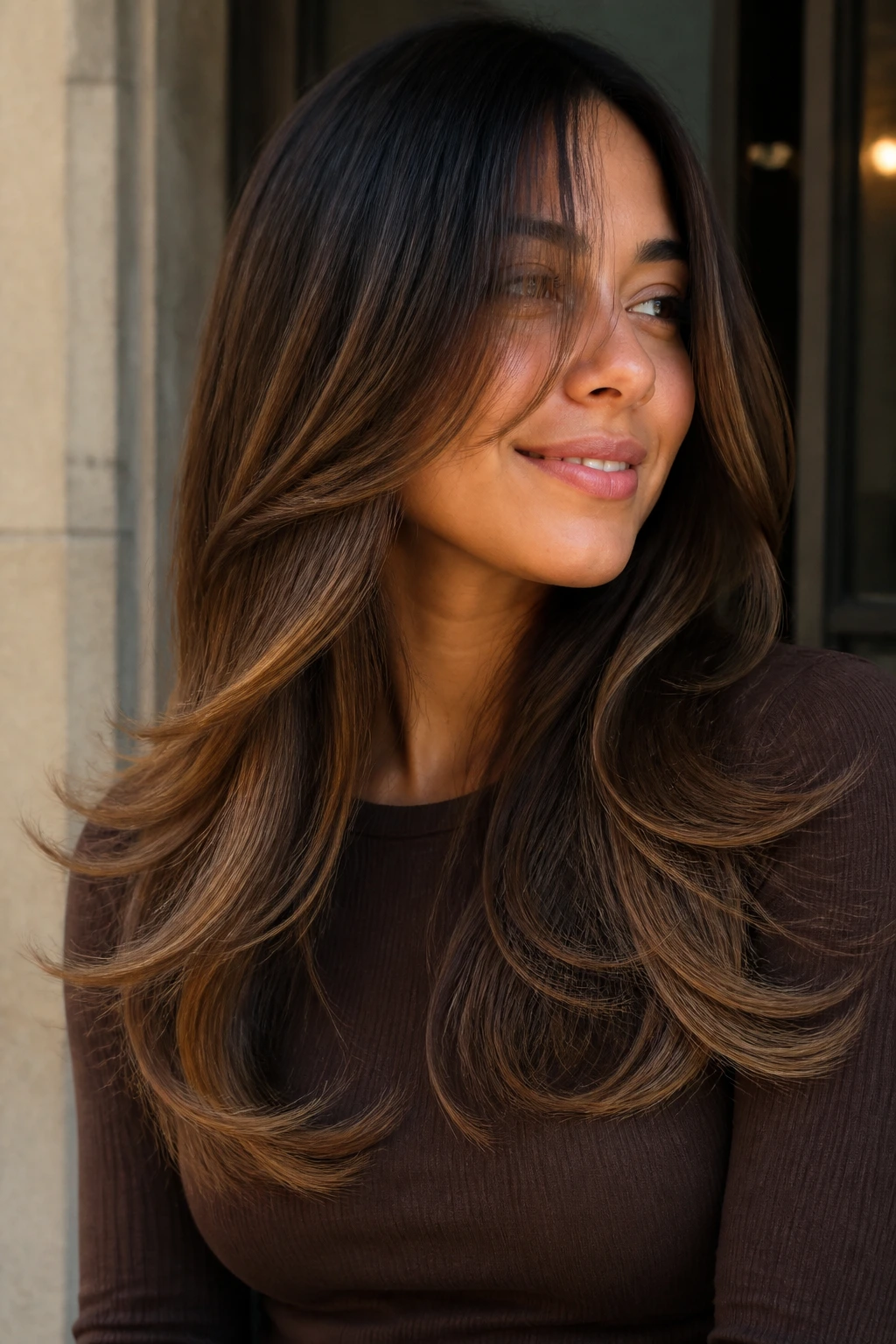 Portrait of long layered hair with camel ends flicking out on a real person