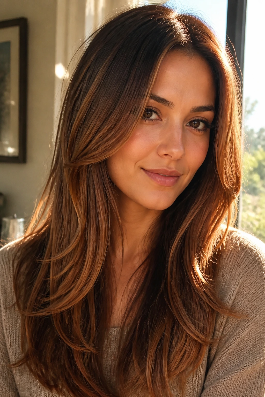 Close-up of a woman with long, cinnamon-caramel layered hair in warm natural light