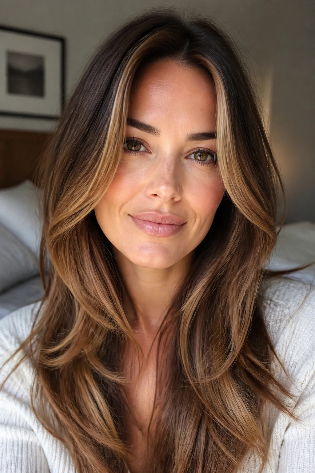 Close-up of a real woman with long layered hair and caramel highlights framing her face