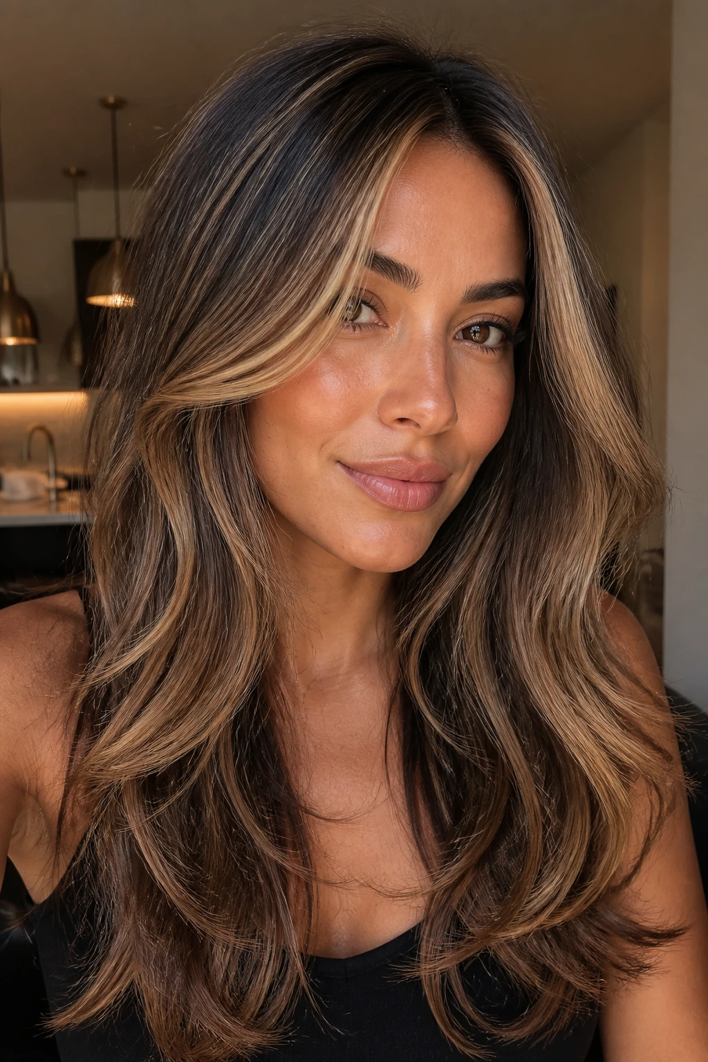 Close-up of long layered hair with a caramel money piece at the front.