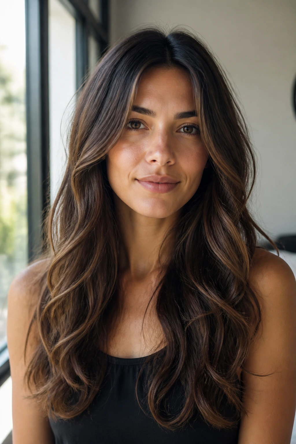 Close-up of a woman with long wavy hair and a center part showing soft layers