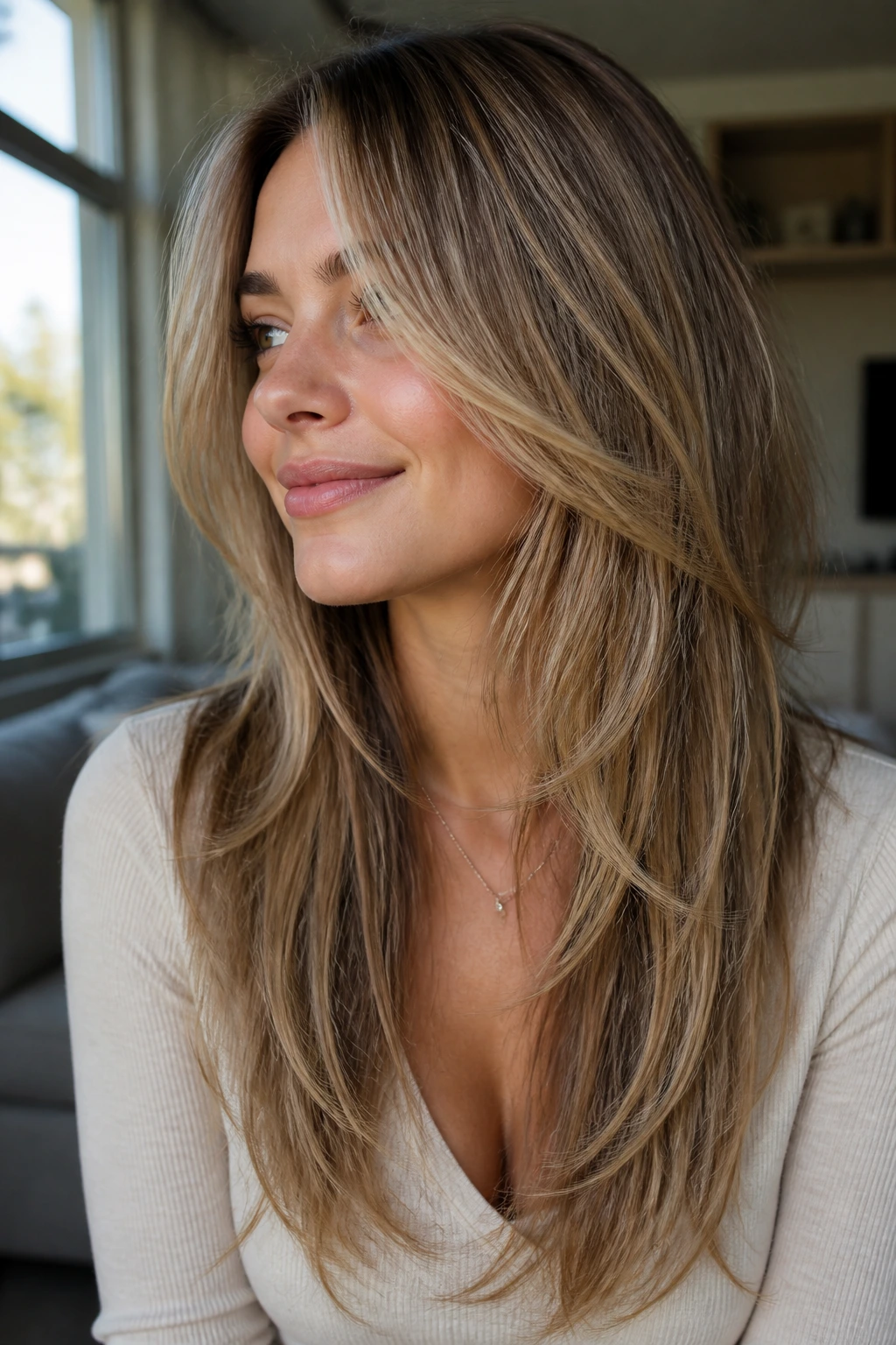 Long layered hair with champagne babylights on a real person.