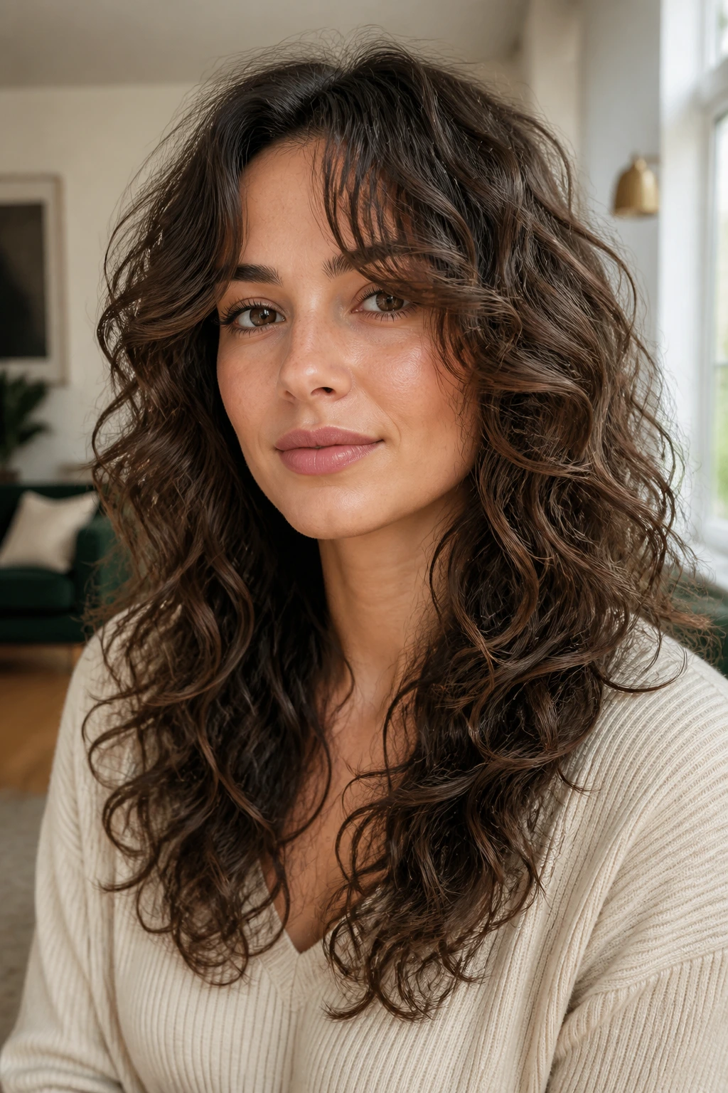 Real woman with long layers framing the cheeks and collarbone-length curls
