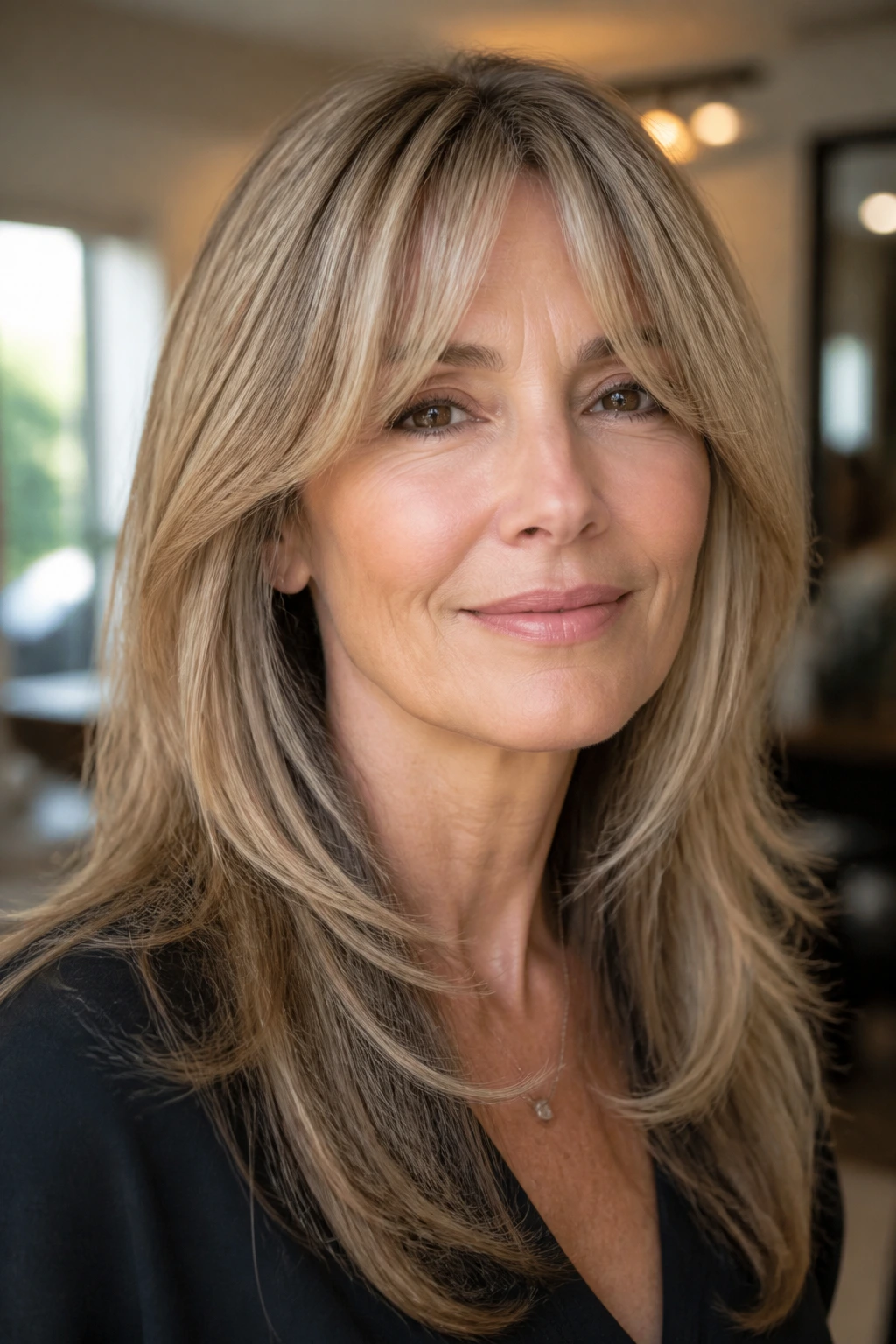 Close-up portrait of a real woman with cheekbone fringe framing a rectangular face