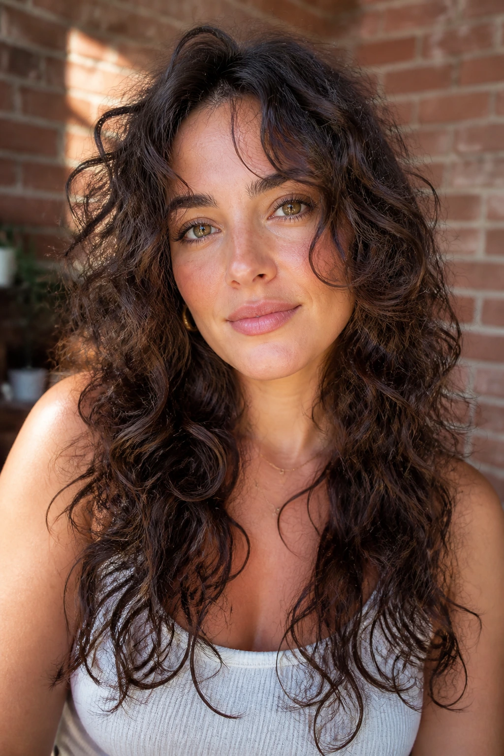 Real woman with long curly hair and cheekbone-grazing layers