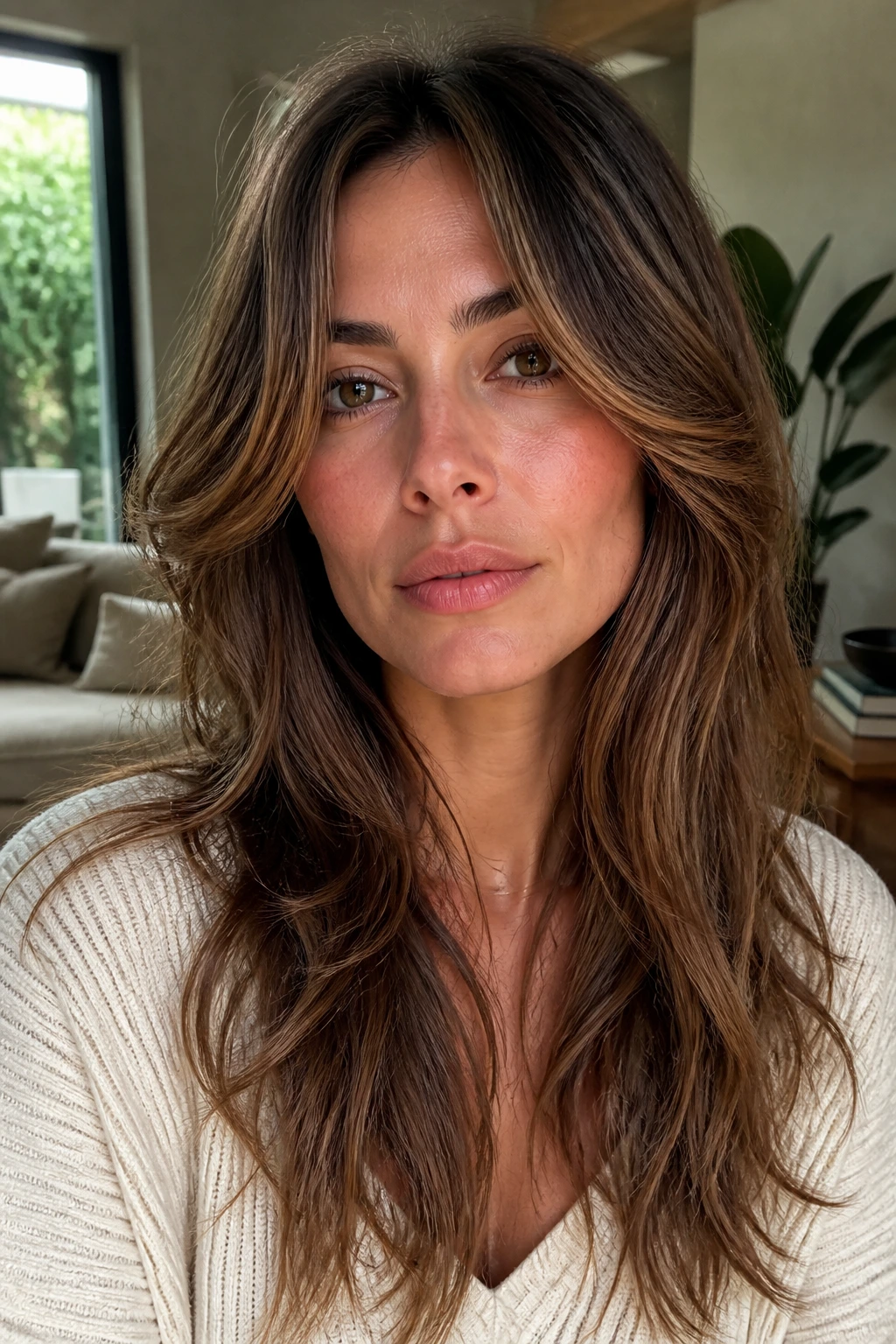 Close-up of a real woman with long layered hair and cheekbone-face framing pieces in natural window light
