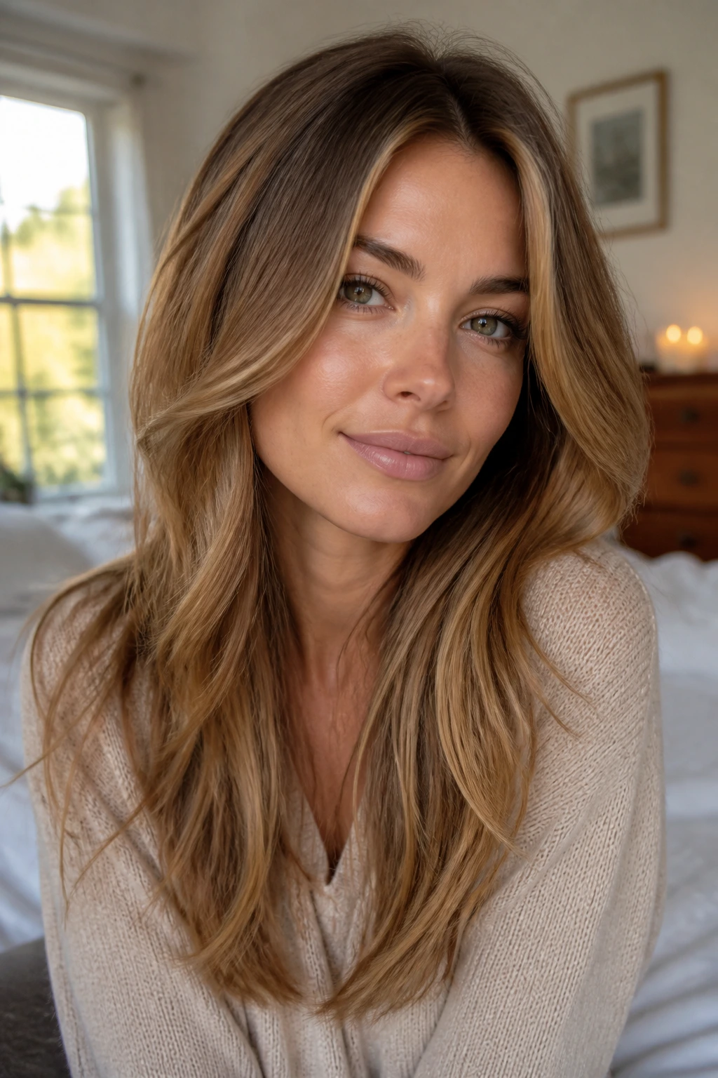 Real woman with long layers starting at cheekbones and soft waves framing her face