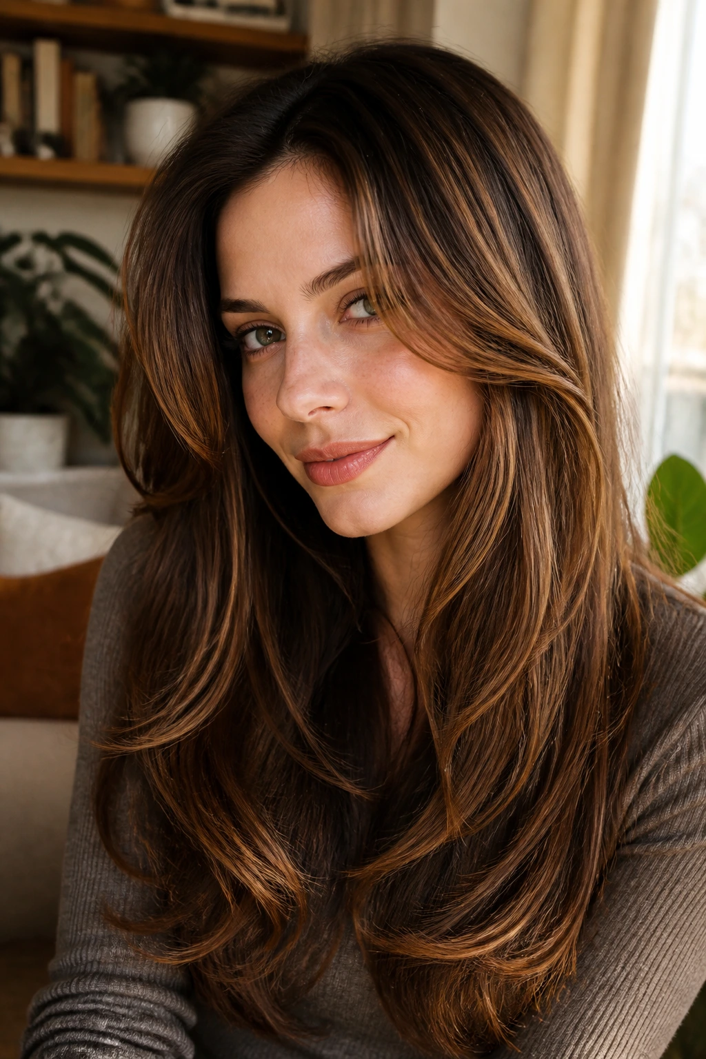 Close-up of a real woman with warm chestnut caramel long layered hair showing movement through layers