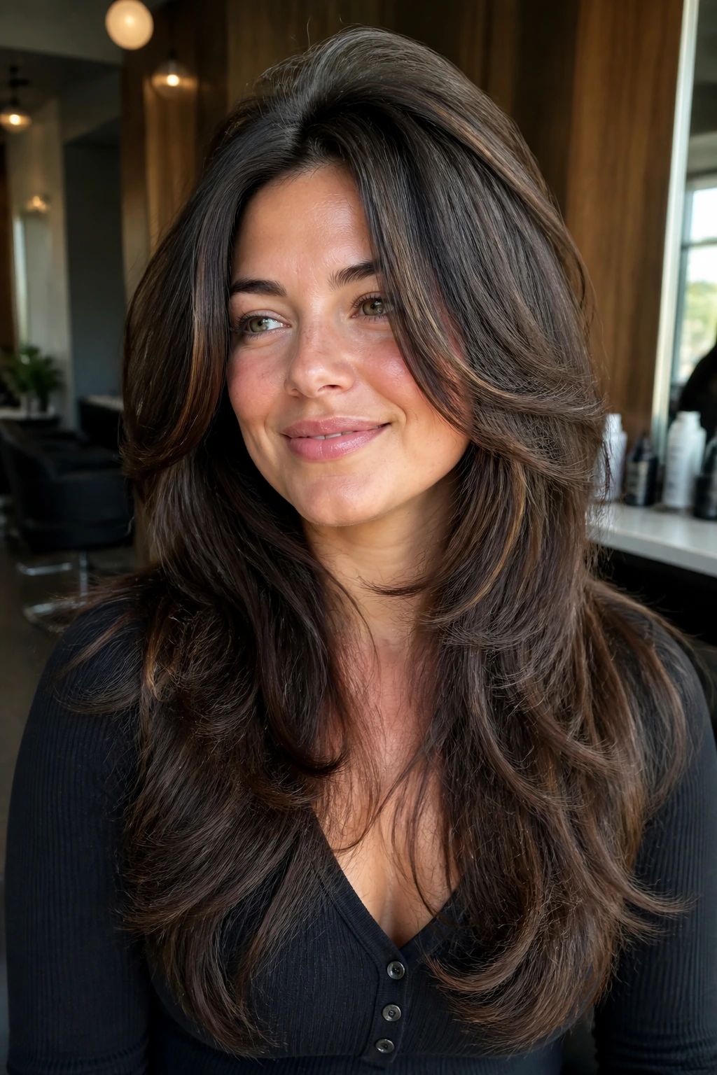 Close-up of a real woman with long layers and a heavy crown with soft perimeter
