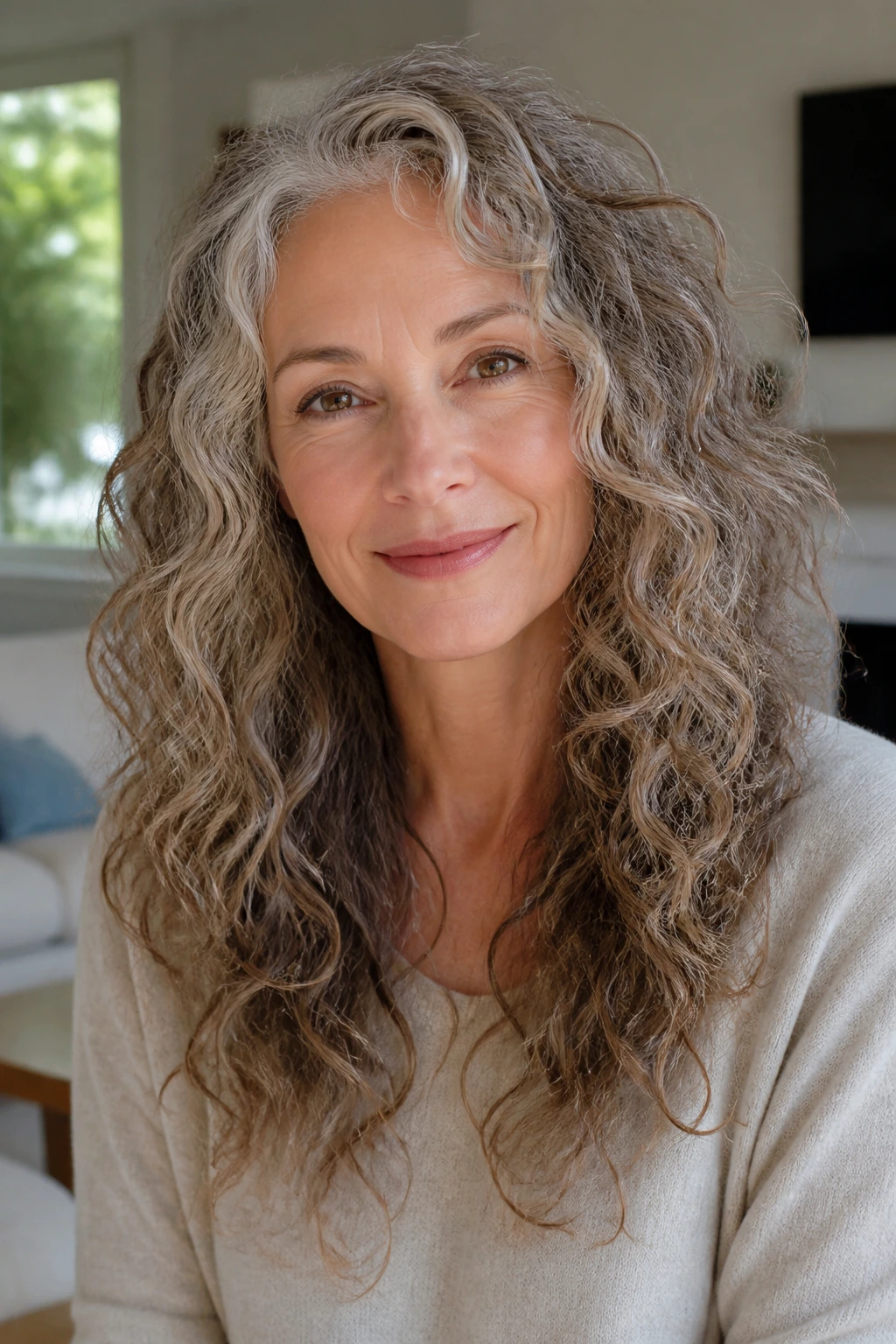 Close-up of a real woman with long layered curls and light ends