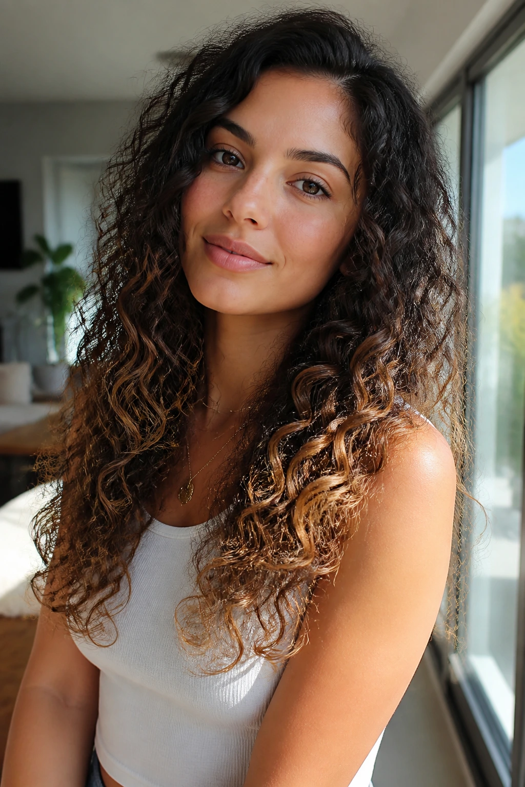 Close-up of long curly hair with layered ends and lighter tips