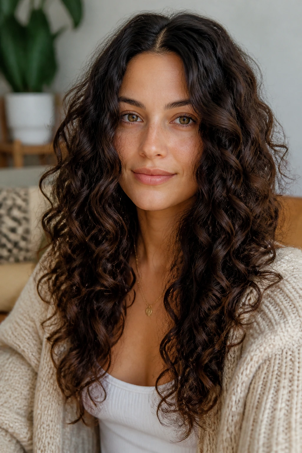Close-up portrait of a real woman with long curly hair and center part