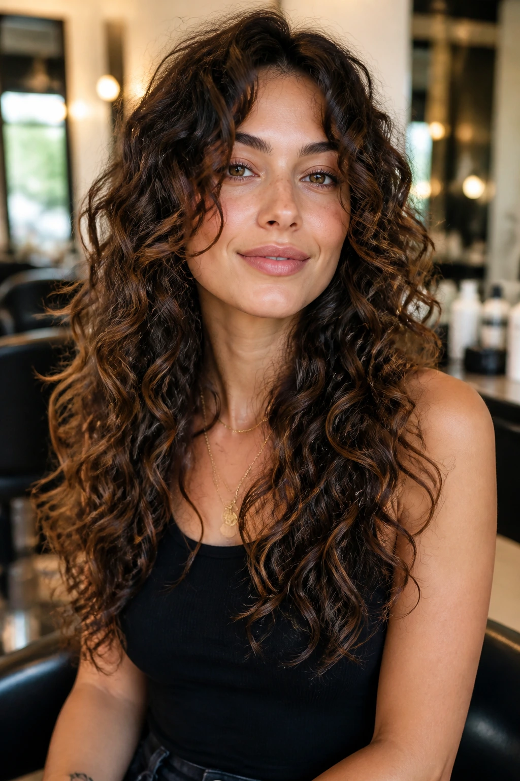 Close-up of a real woman with long layered curls around cheekbone for oval face