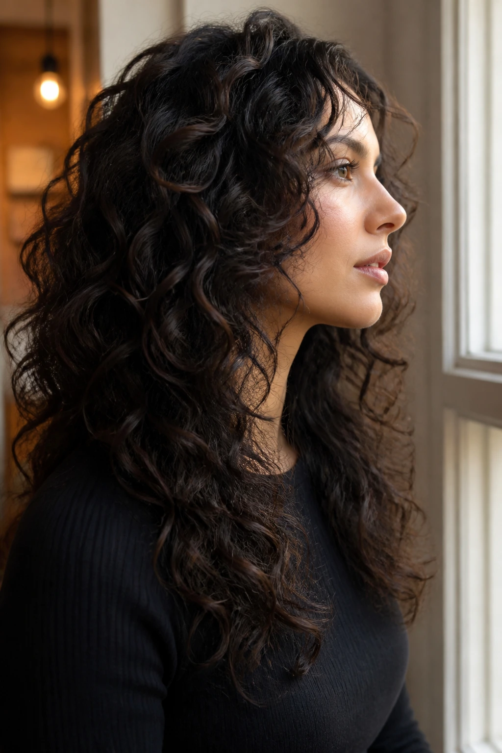 Woman with long curly hair showing U-shaped layers past chin
