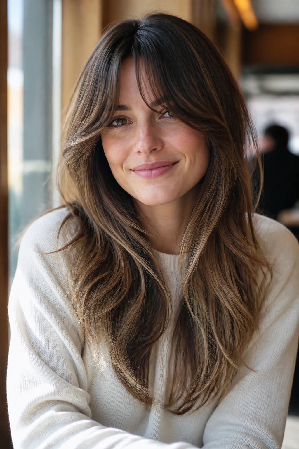 Close-up of a real woman with long layered hair and curtain bangs