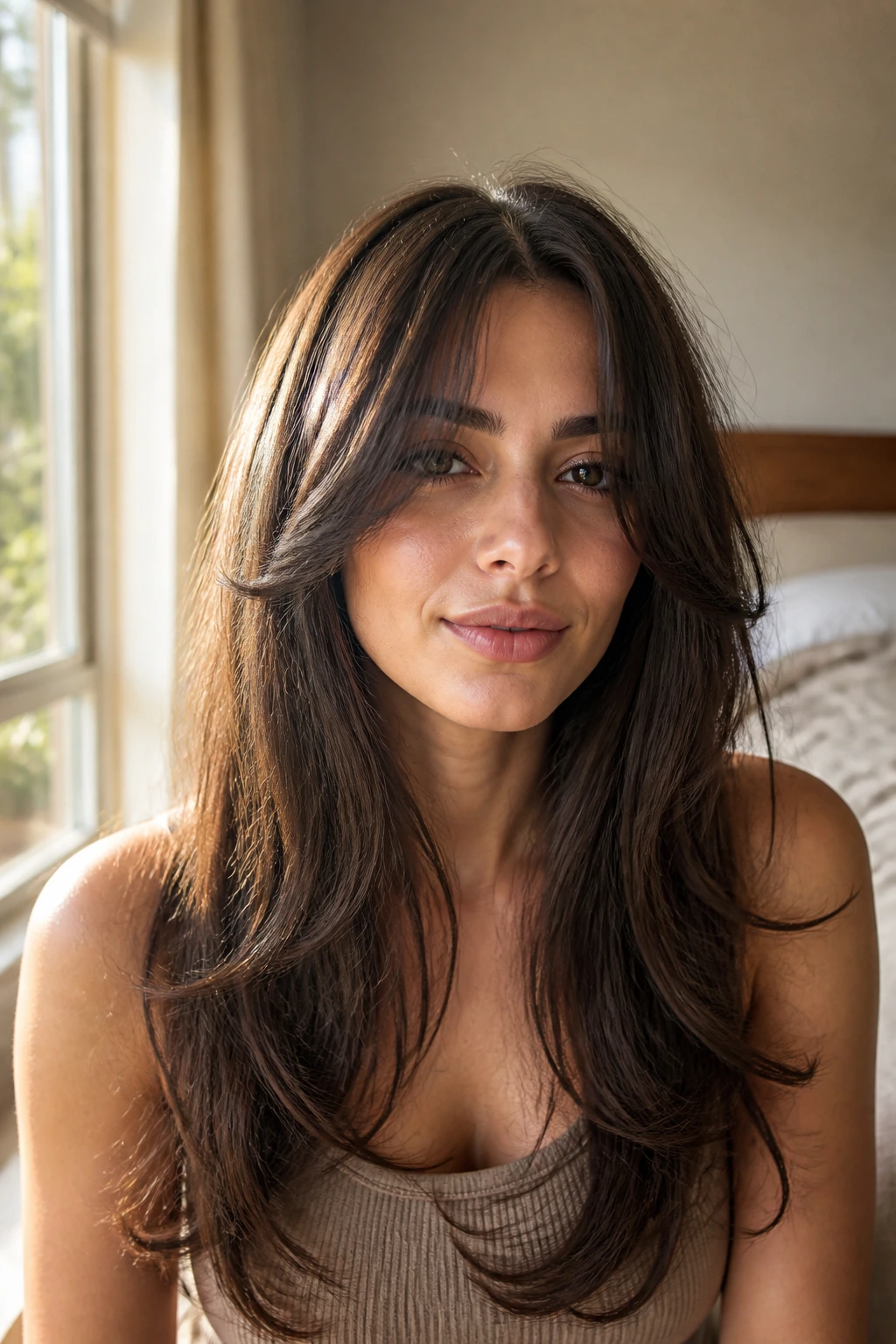 Close-up of long-haired woman with curtain bangs framing her face.
