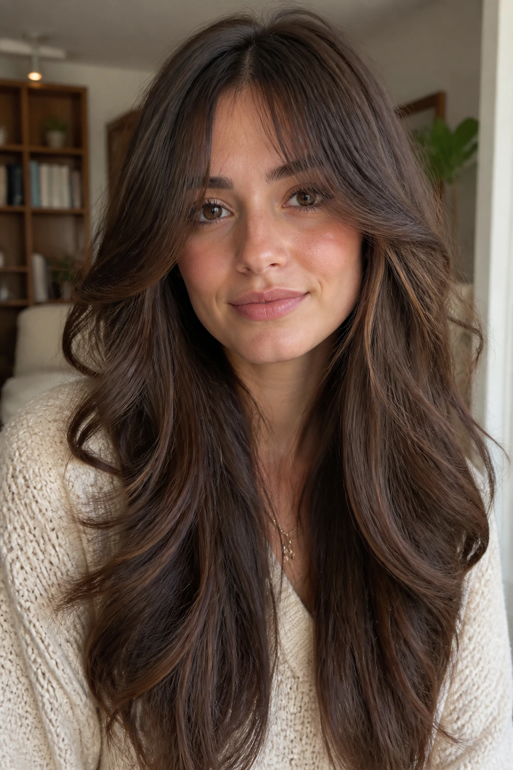 Real woman with long layers and curtain bangs in a warmly lit room