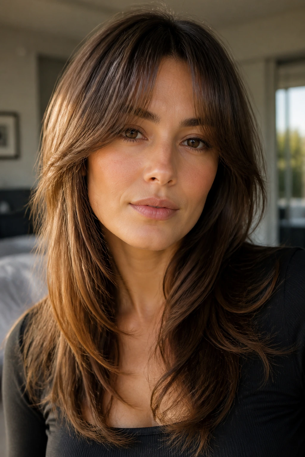 Portrait of a real person with long layers and curtain bangs framing the cheeks