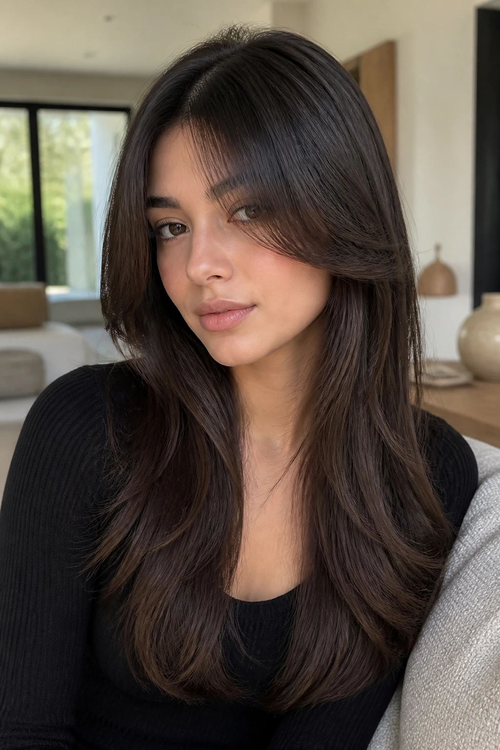Close-up of a real woman with long layers and curtain bangs opening the face.