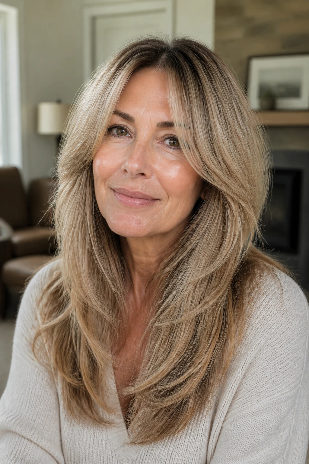 Portrait of a woman with long layered hair and center-parted curtain bangs.