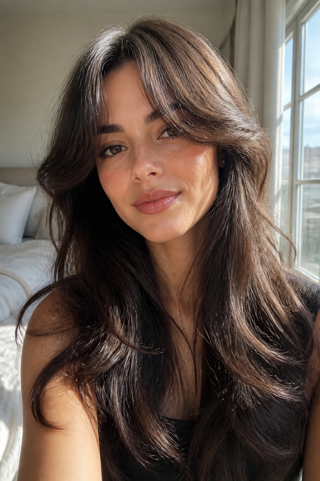 Portrait of a woman with long layered hair and curtain bangs filling the frame.