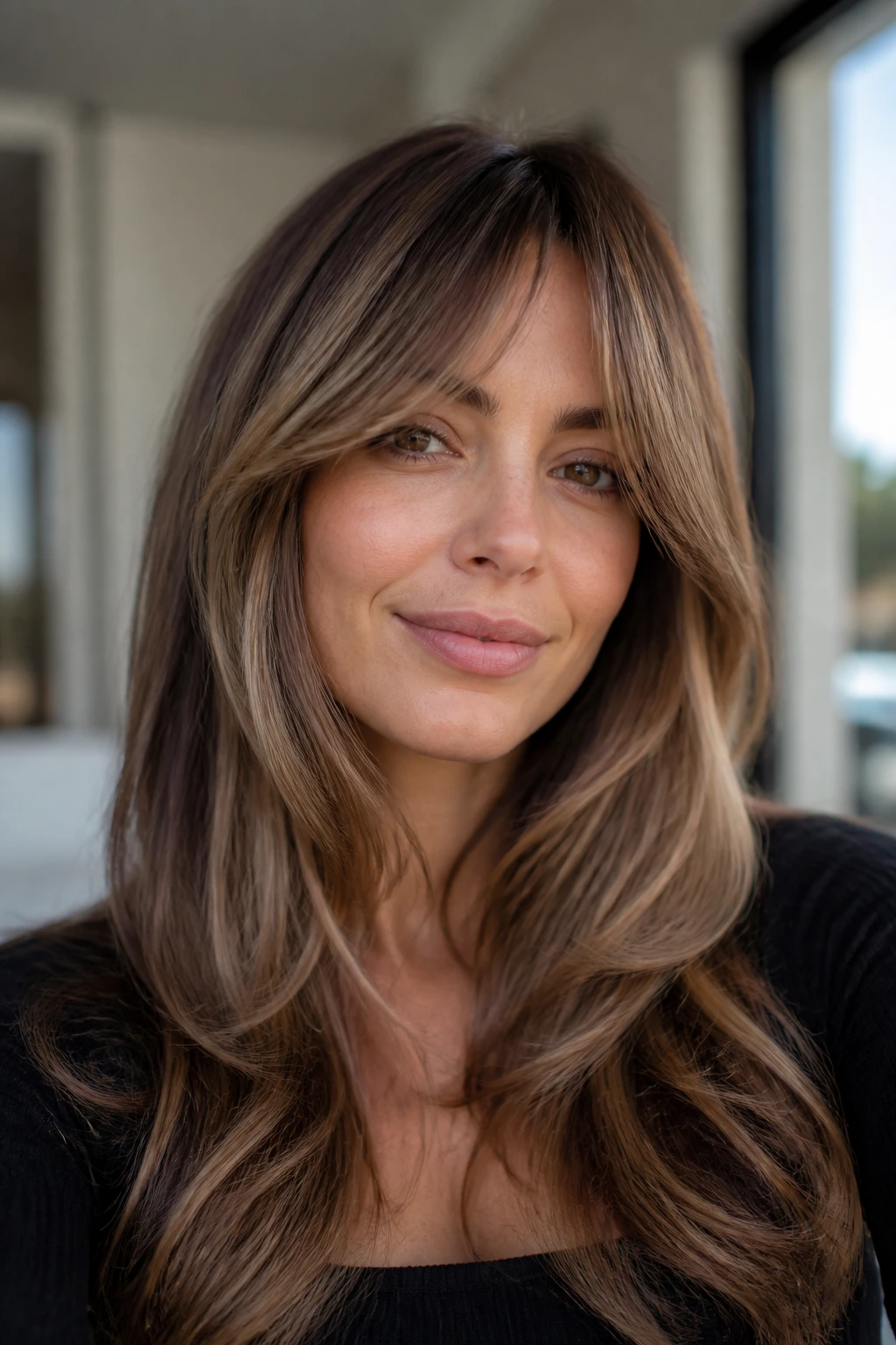 Portrait of a real woman with long layered hair and a curtain fringe with subtle babylights