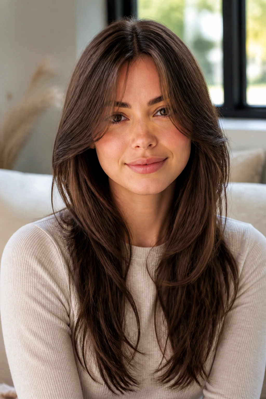 Close-up of a woman with long layers and center-part curtain fringe framing the face