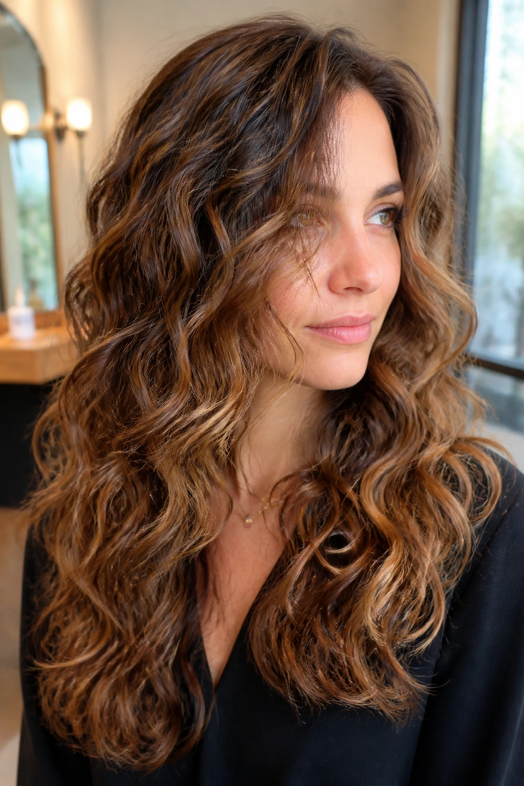 Close-up of real woman with long layered curls showing internal debulking and weighted perimeter