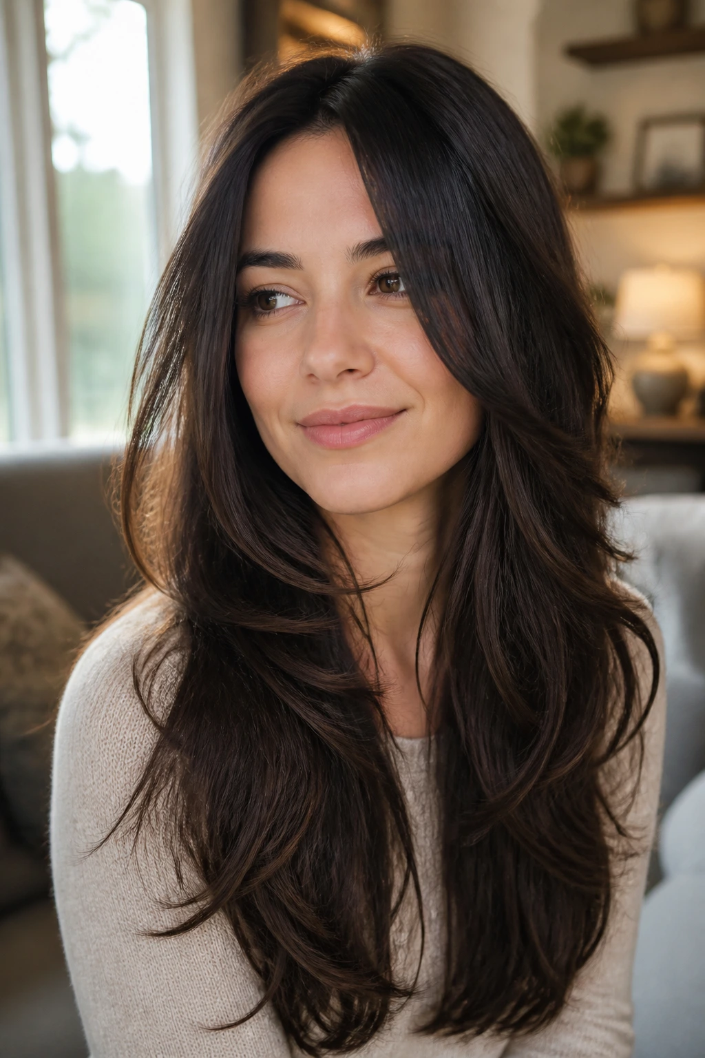 Real woman with long layered hair showing invisible debulking in cozy daylight