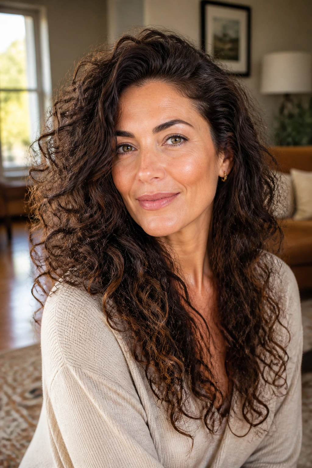 Portrait of a real woman with long curly hair and a deep side part