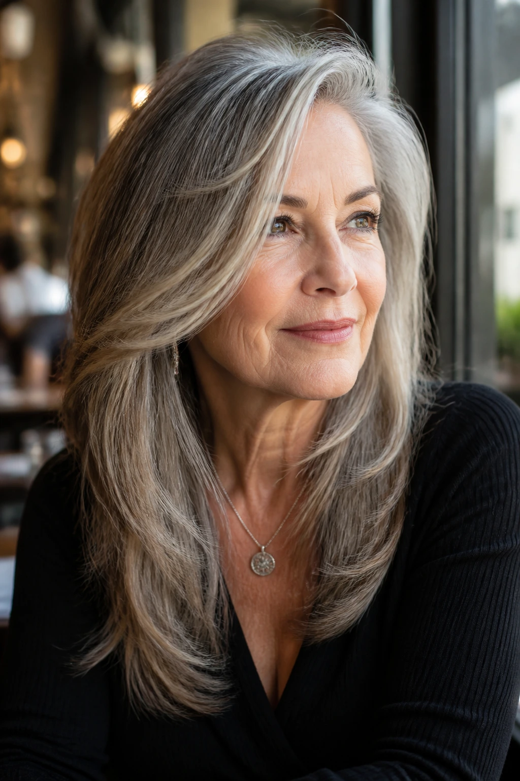 Real woman with long layered hair and deep side part, cafe window light