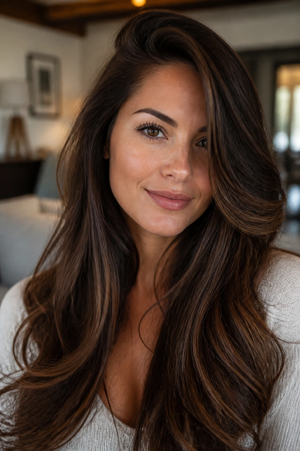 Close-up portrait of a real woman with long layered hair swept to the side