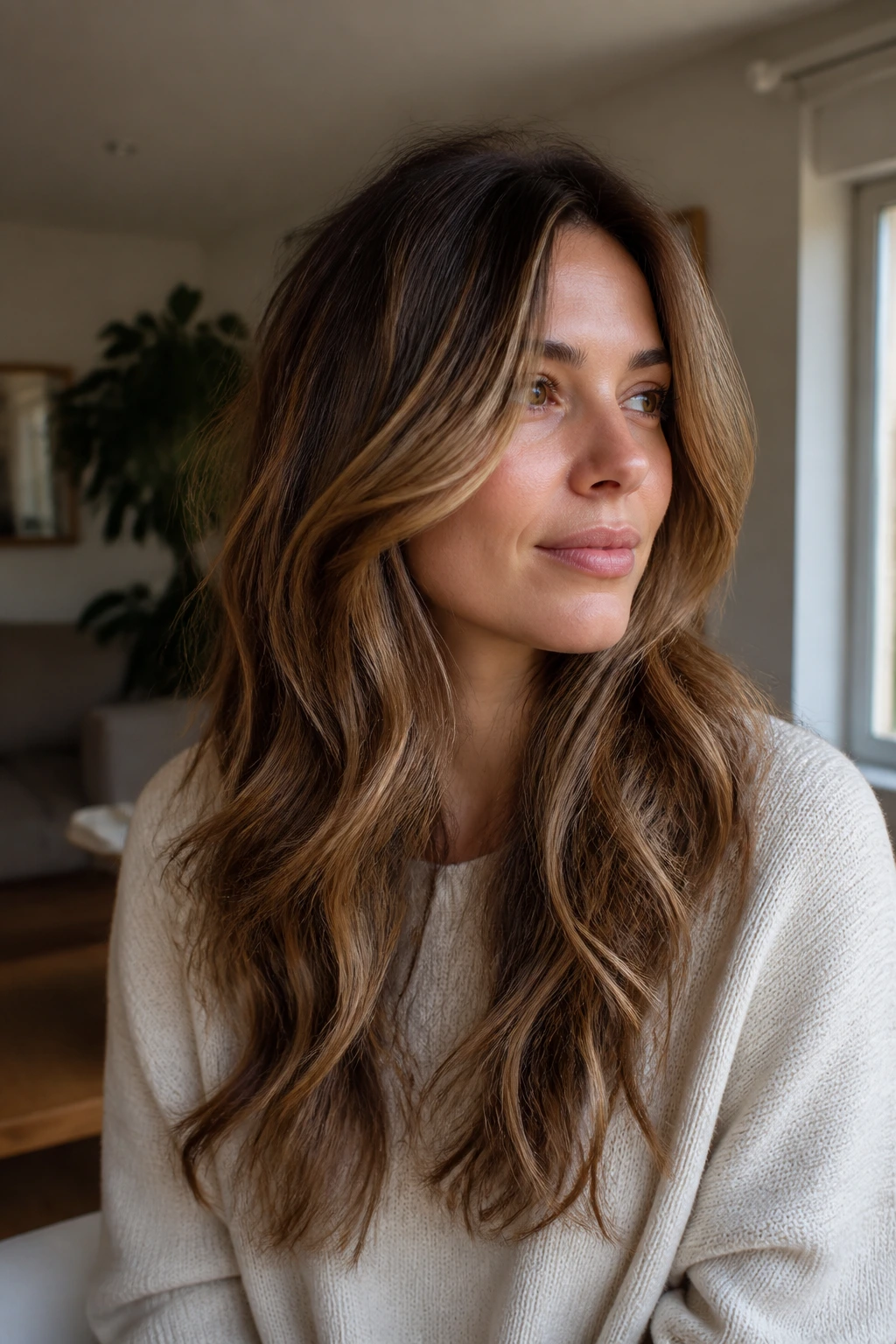 Head-and-shoulders portrait of a real woman with long waves and face-frame panels around the cheeks.