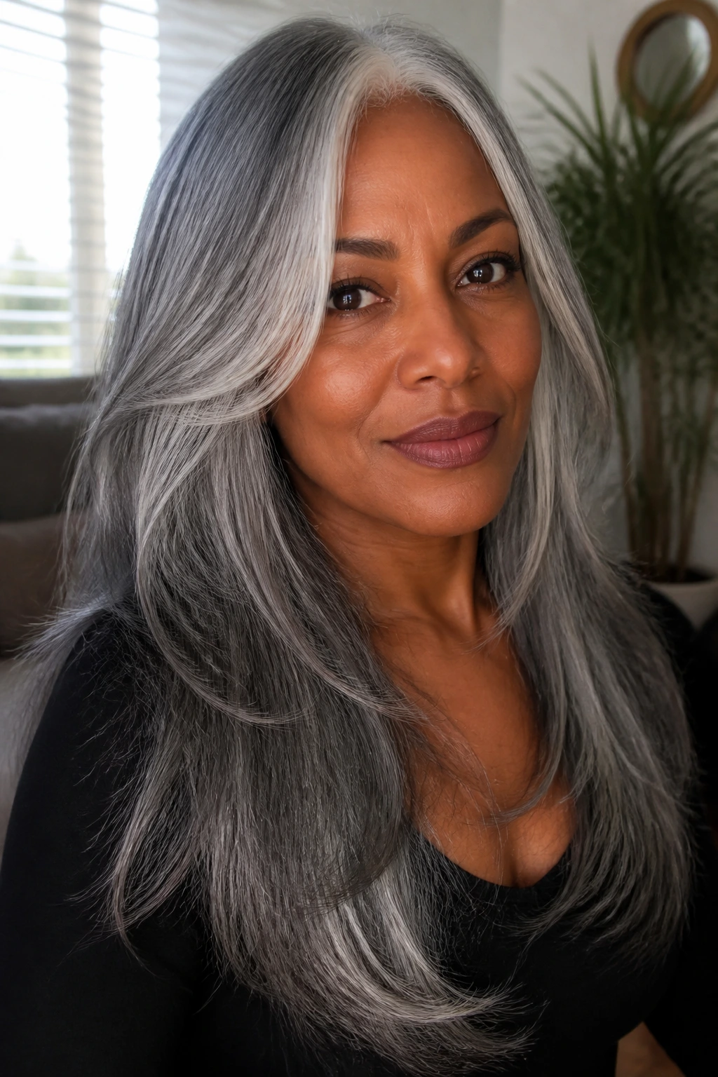 Close-up portrait of Long Layers with Smoke-Toned Face Frame on a real person.
