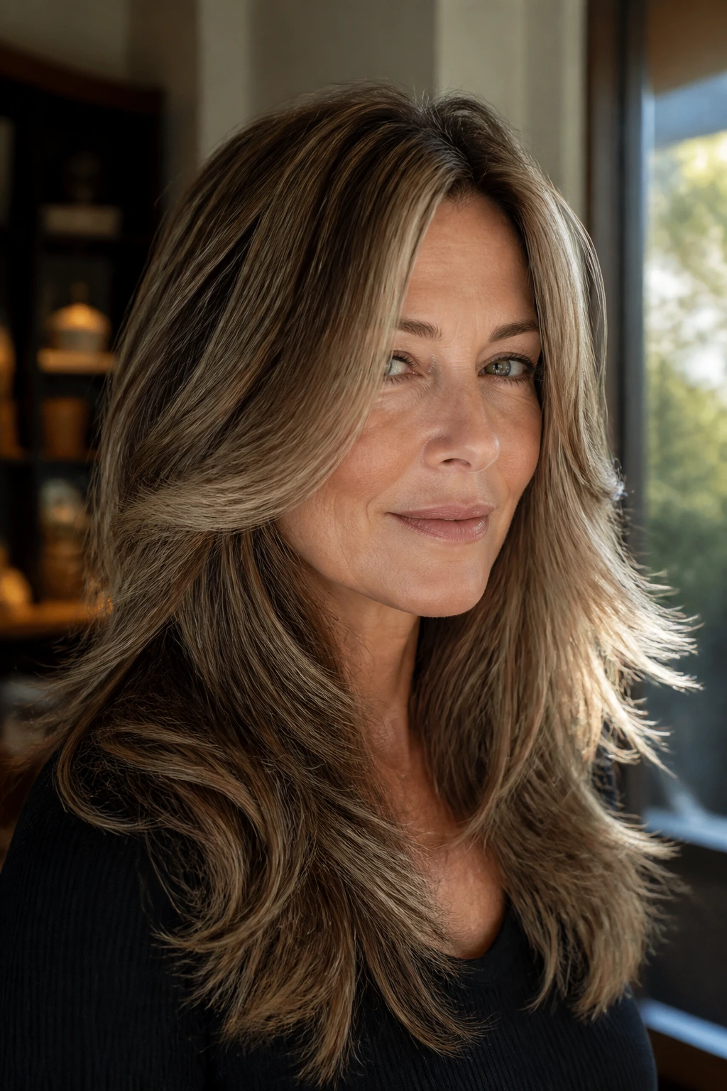 Close-up portrait of a real woman with long layers and face-framing pieces by a warm window