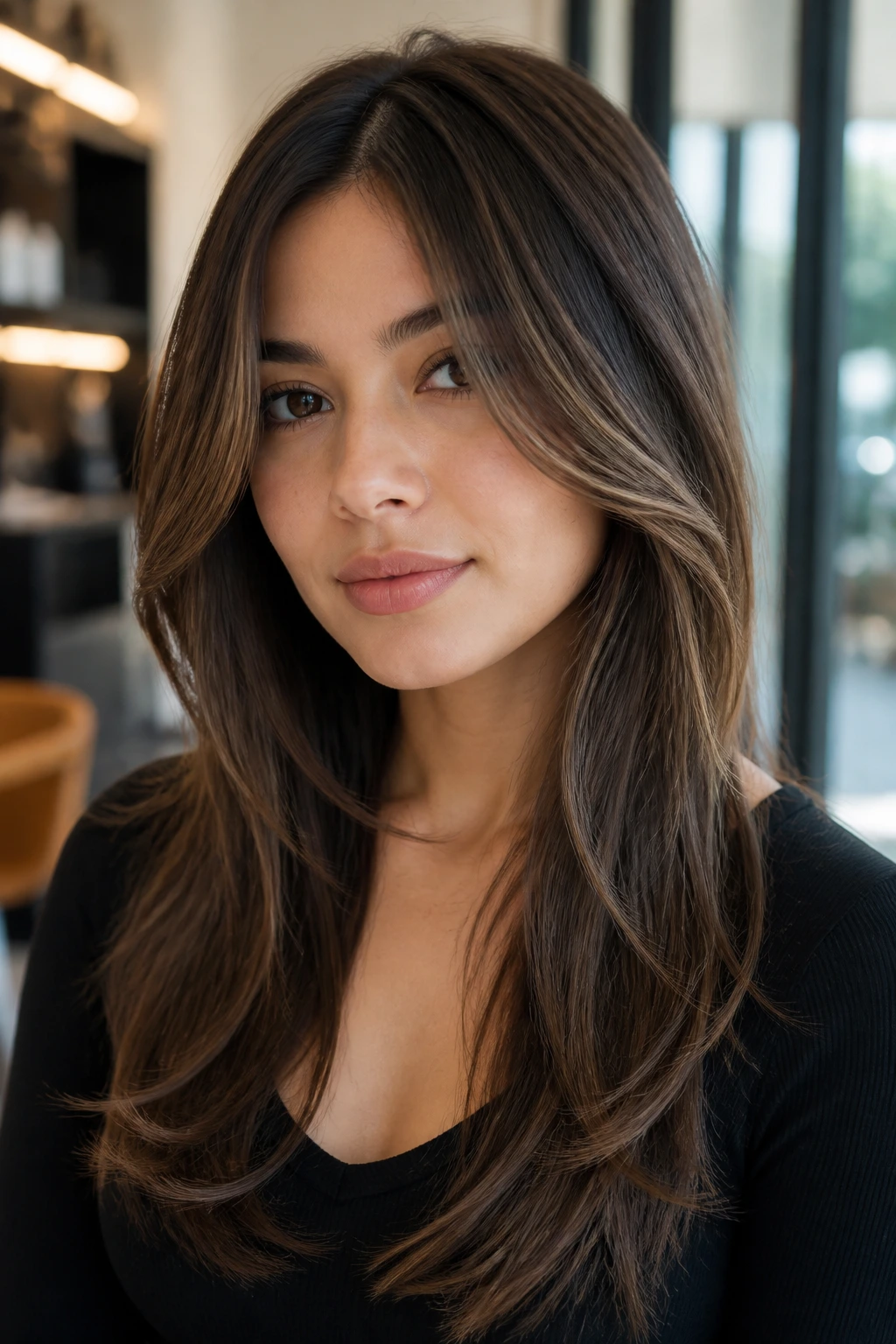 Real woman with long layers and face-framing pieces