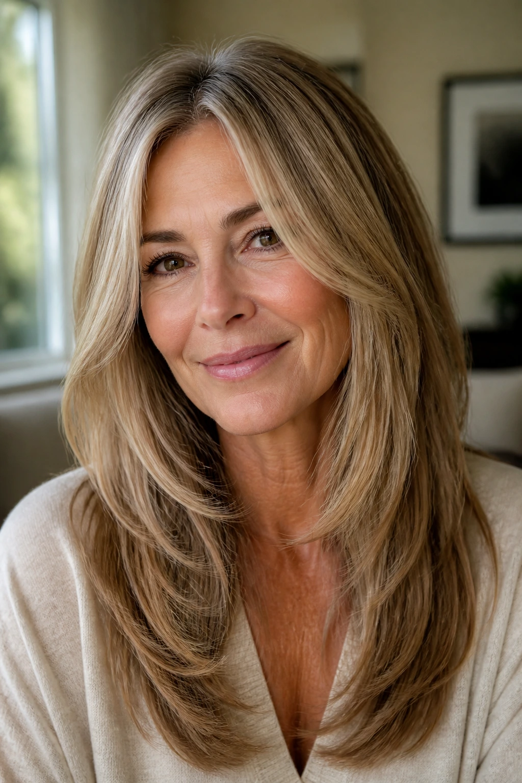 Woman with long hair and face-framing layers close-up