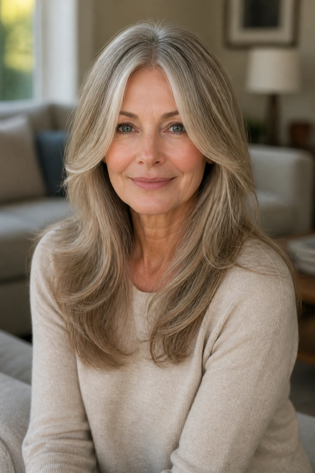 Woman with long layers and face-framing pieces framing her cheeks.