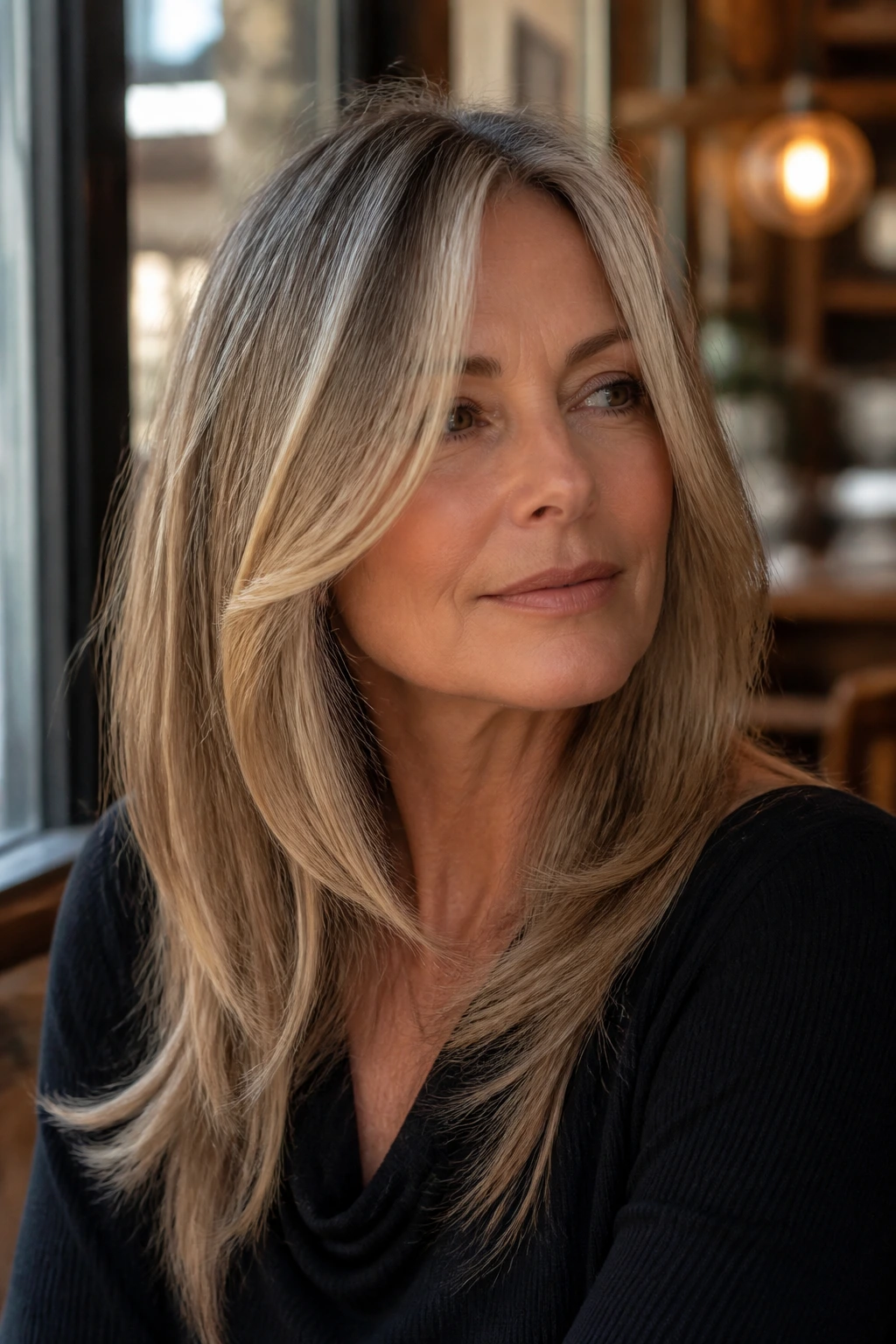 Portrait of a real woman with long layered hair and chin-length face-framing pieces in soft daylight.