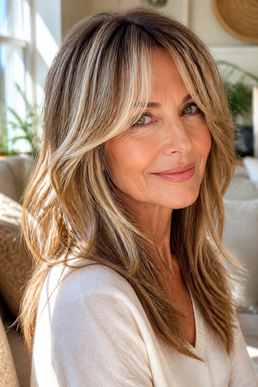 Portrait of a woman with long layered hair and bright face-framing highlights